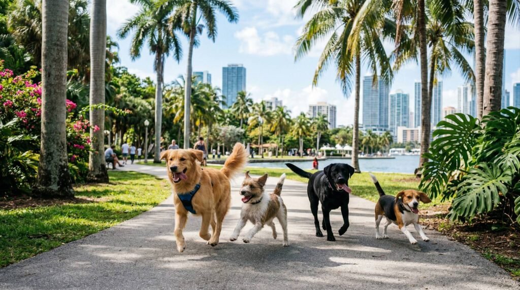 Perros de diferentes razas corriendo felices en un parque de Miami frente al mar, representando la alegría y vitalidad que ofrece Rainbow Grooming Salon en su cuidado estético