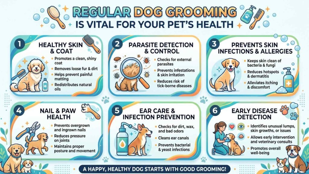Infographic explaining the dog grooming process and its contribution to your pet's health.